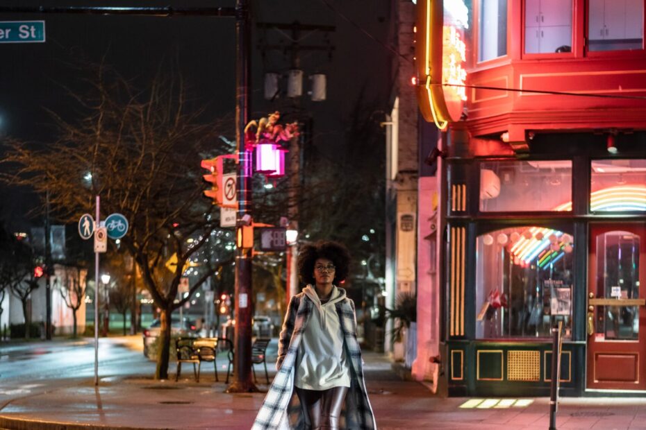 woman walking at night